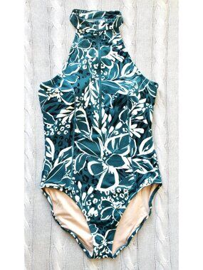 NWT GARNET HILL Active High Neck Zip Front One Piece Swimsuit Teal, Size 14